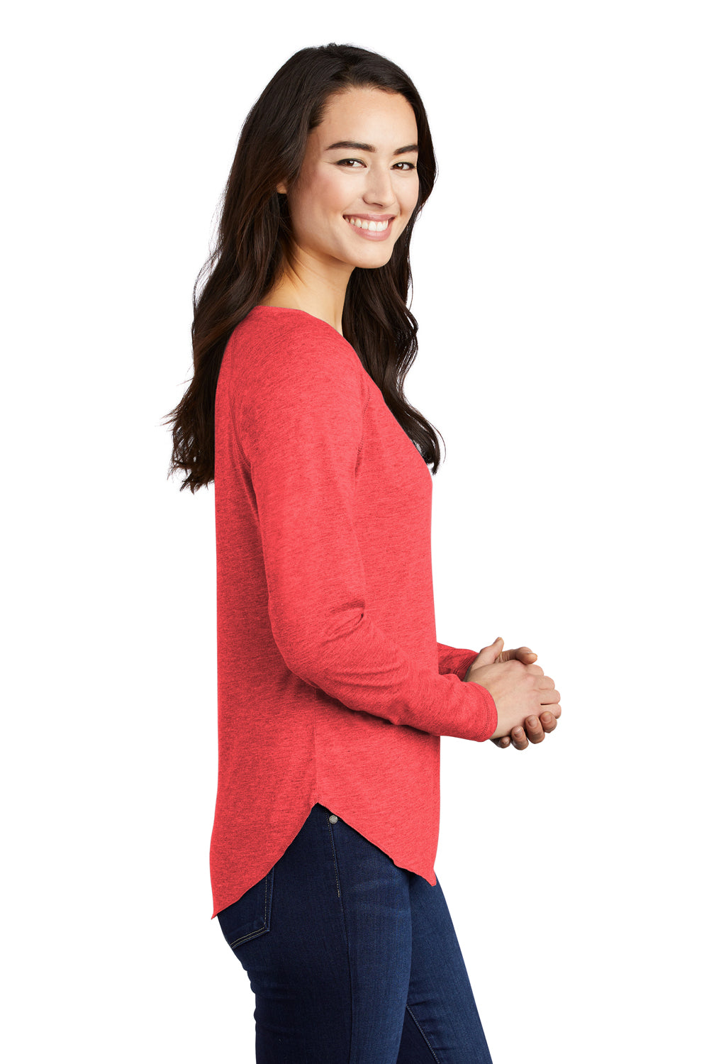 Sport-Tek LST400LS Womens Moisture Wicking Long Sleeve Scoop Neck T-Shirt Heather True Red Model Side