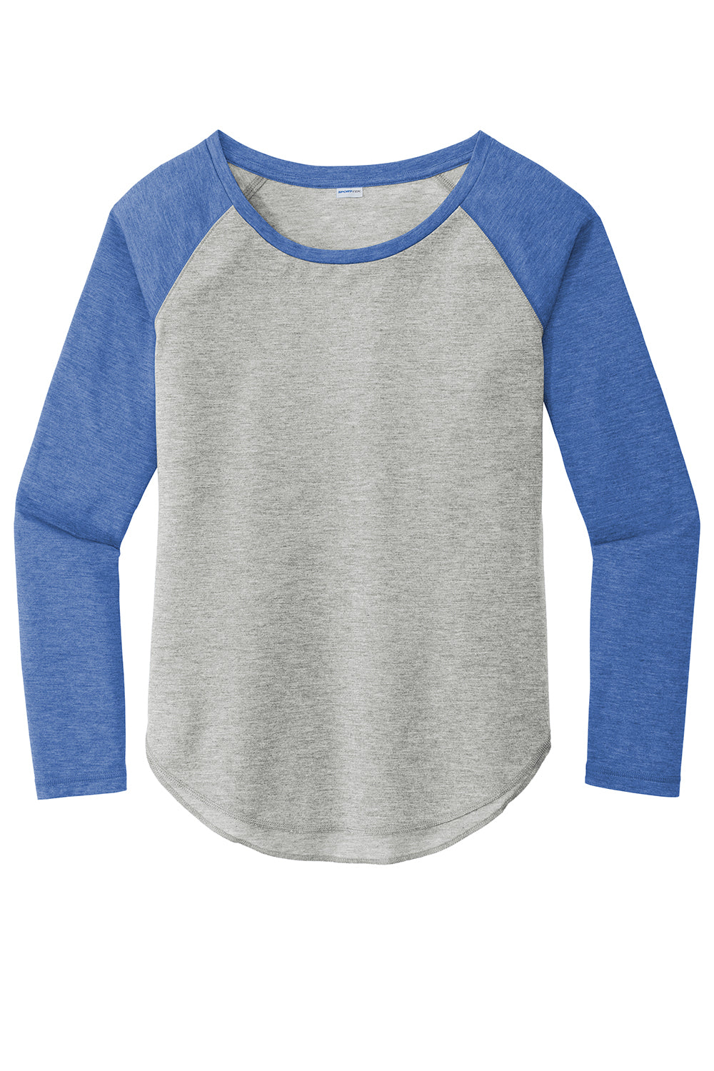 Sport-Tek LST400LS Womens Moisture Wicking Long Sleeve Scoop Neck T-Shirt Heather Light Grey/Heather True Royal Blue Flat Front