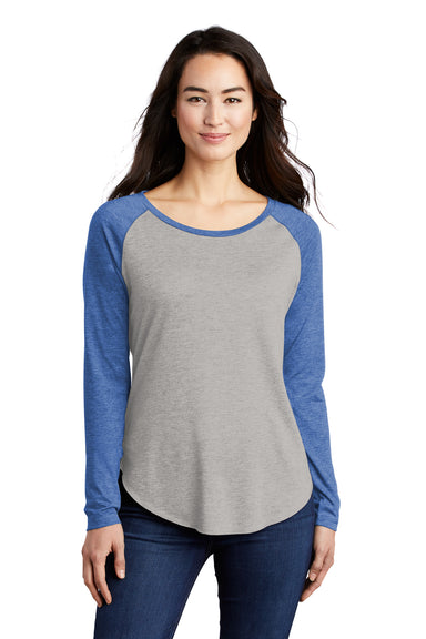 Sport-Tek LST400LS Womens Moisture Wicking Long Sleeve Scoop Neck T-Shirt Heather Light Grey/Heather True Royal Blue Model Front