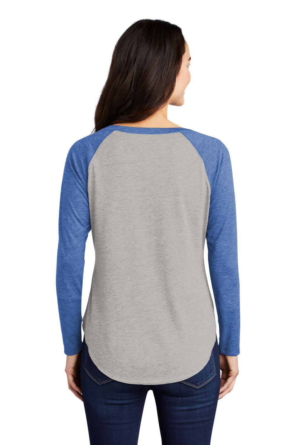 Sport-Tek LST400LS Womens Moisture Wicking Long Sleeve Scoop Neck T-Shirt Heather Light Grey/Heather True Royal Blue Model Back