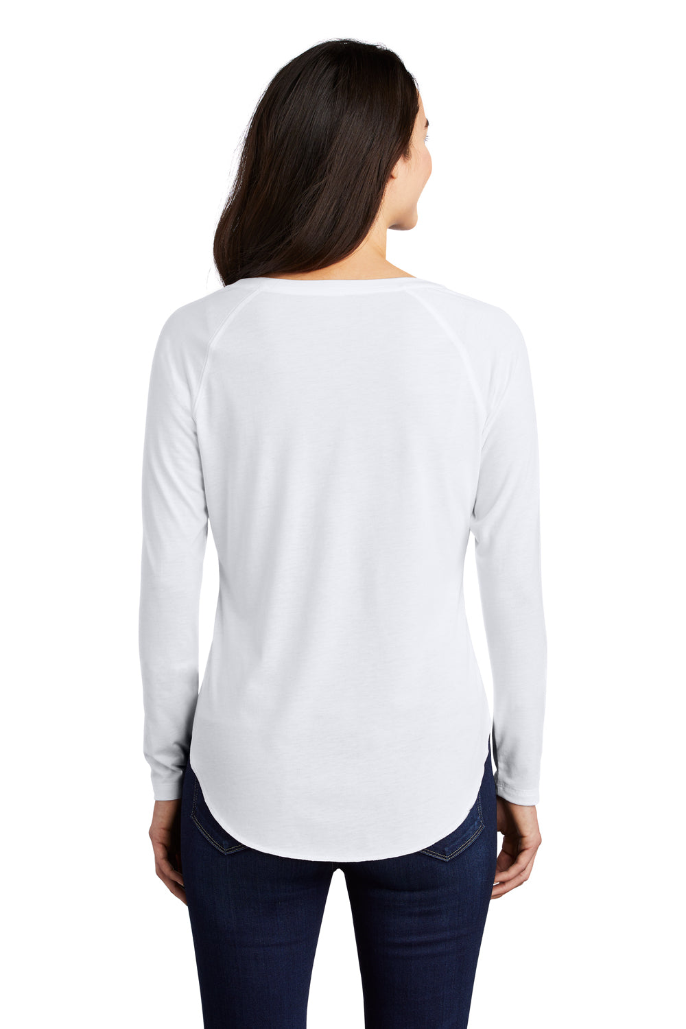 Sport-Tek LST400LS Womens Moisture Wicking Long Sleeve Scoop Neck T-Shirt White Model Back