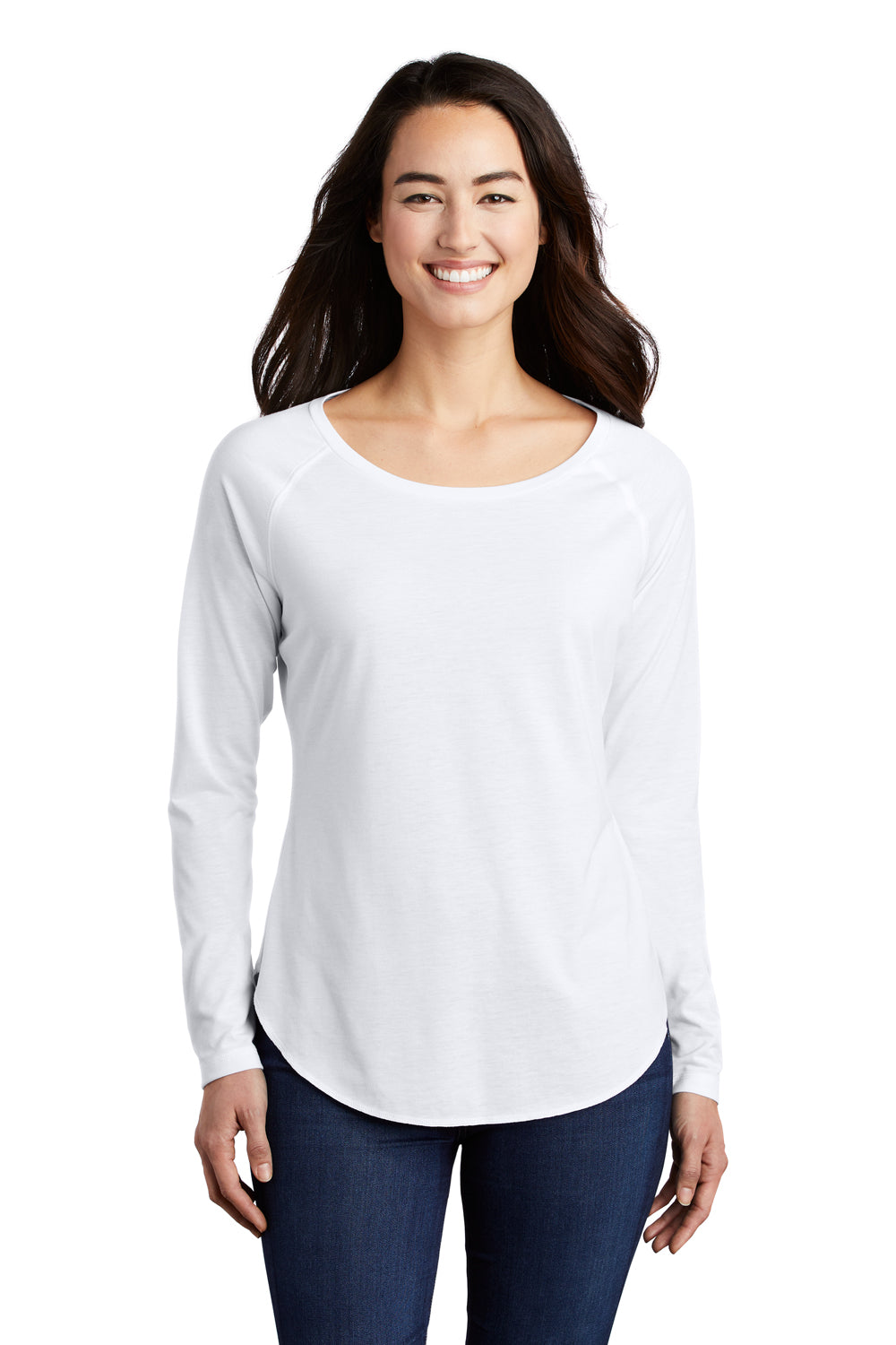 Sport-Tek LST400LS Womens Moisture Wicking Long Sleeve Scoop Neck T-Shirt White Model Front