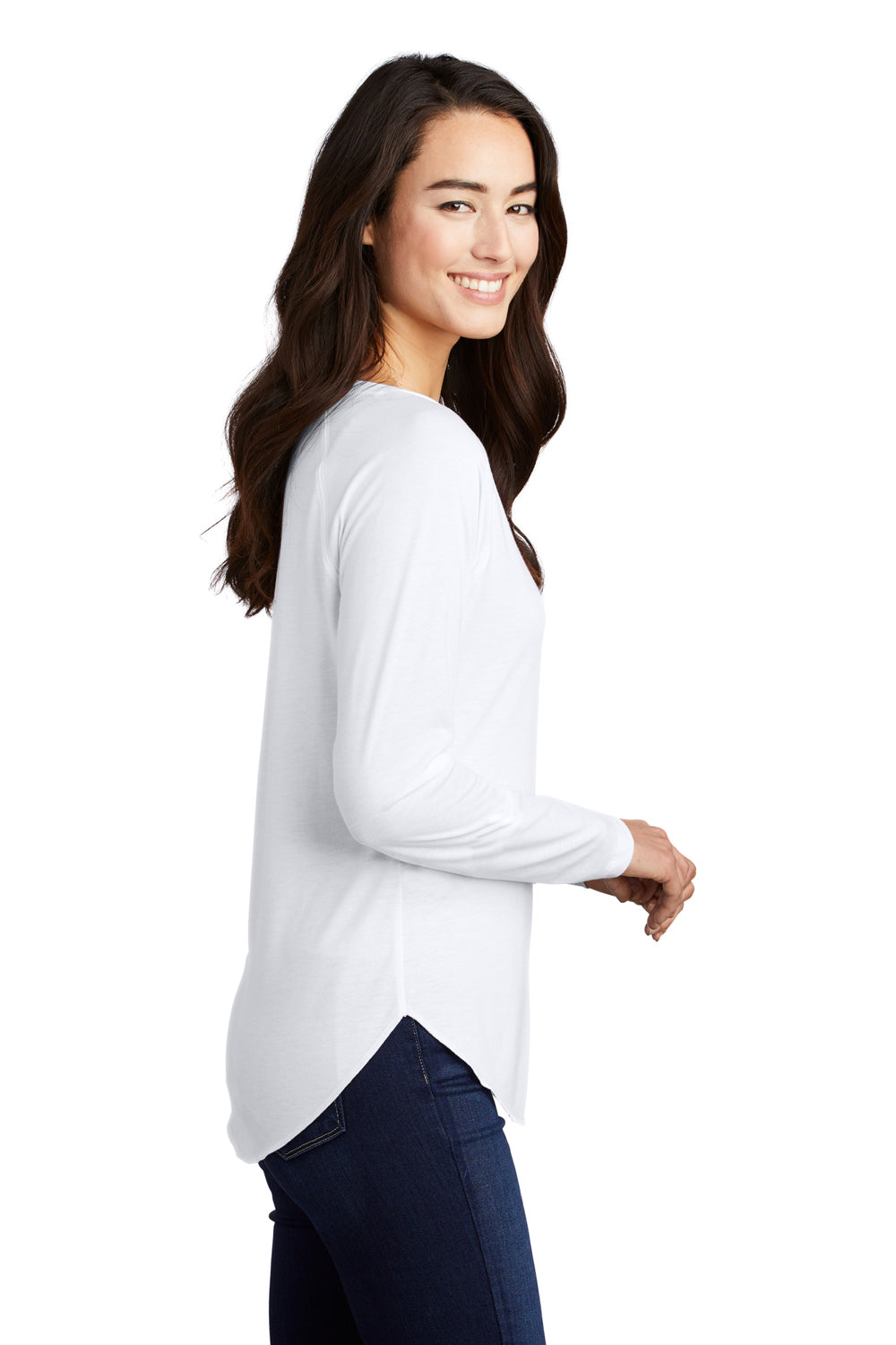 Sport-Tek LST400LS Womens Moisture Wicking Long Sleeve Scoop Neck T-Shirt White Model Side