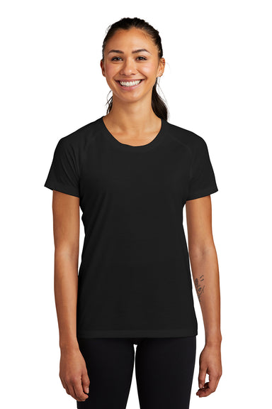 Sport-Tek LST400 Womens Moisture Wicking Short Sleeve Scoop Neck T-Shirt Black Model Front