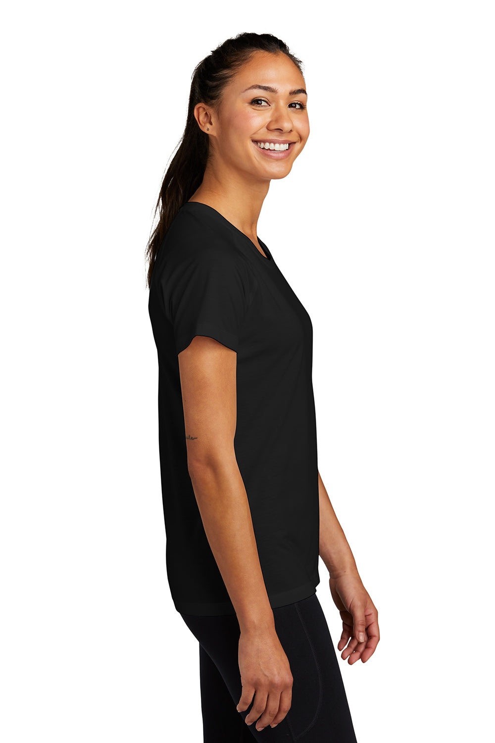 Sport-Tek LST400 Womens Moisture Wicking Short Sleeve Scoop Neck T-Shirt Black Model Side