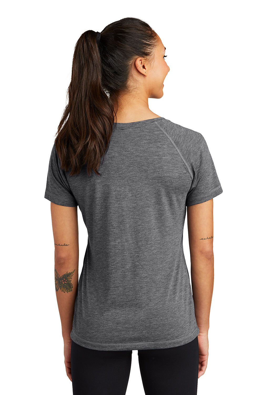 Sport-Tek LST400 Womens Moisture Wicking Short Sleeve Scoop Neck T-Shirt Heather Dark Grey Model Back