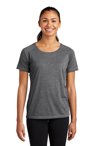 Sport-Tek LST400 Womens Moisture Wicking Short Sleeve Scoop Neck T-Shirt Heather Dark Grey Model Front