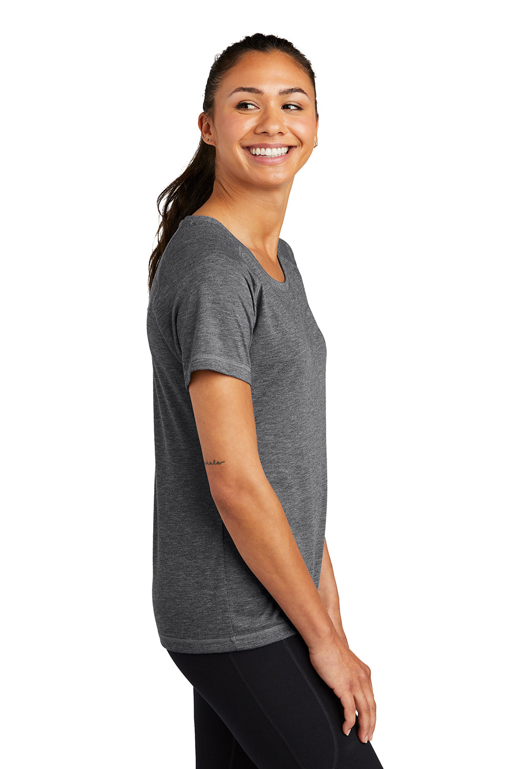 Sport-Tek LST400 Womens Moisture Wicking Short Sleeve Scoop Neck T-Shirt Heather Dark Grey Model Side