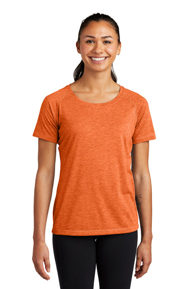 Sport-Tek LST400 Womens Moisture Wicking Short Sleeve Scoop Neck T-Shirt Heather Deep Orange Model Front