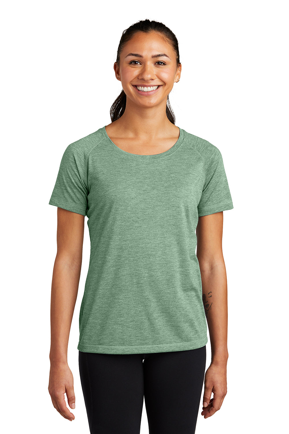 Sport-Tek LST400 Womens Moisture Wicking Short Sleeve Scoop Neck T-Shirt Heather Forest Green Model Front