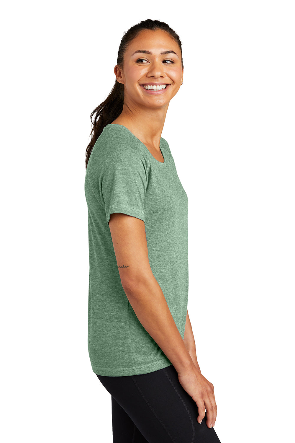 Sport-Tek LST400 Womens Moisture Wicking Short Sleeve Scoop Neck T-Shirt Heather Forest Green Model Side