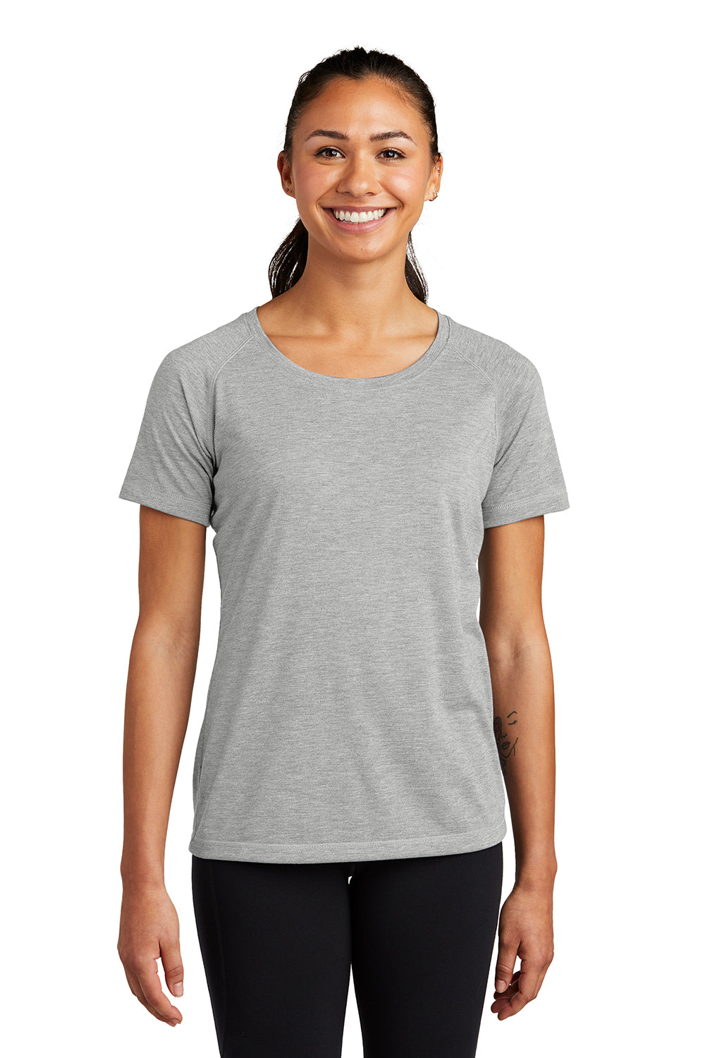 Sport-Tek LST400 Womens Moisture Wicking Short Sleeve Scoop Neck T-Shirt Heather Light Grey Model Front