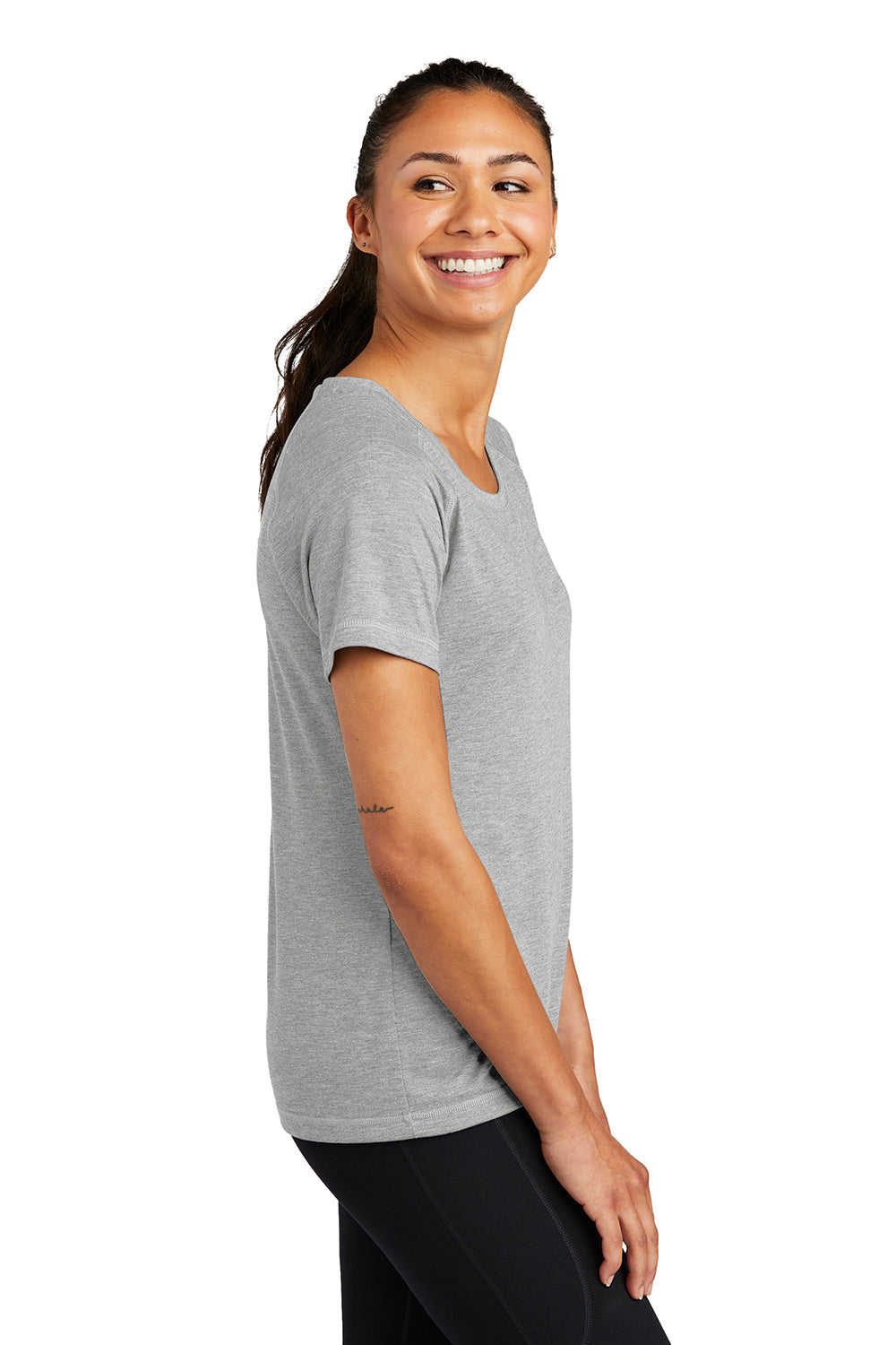 Sport-Tek LST400 Womens Moisture Wicking Short Sleeve Scoop Neck T-Shirt Heather Light Grey Model Side