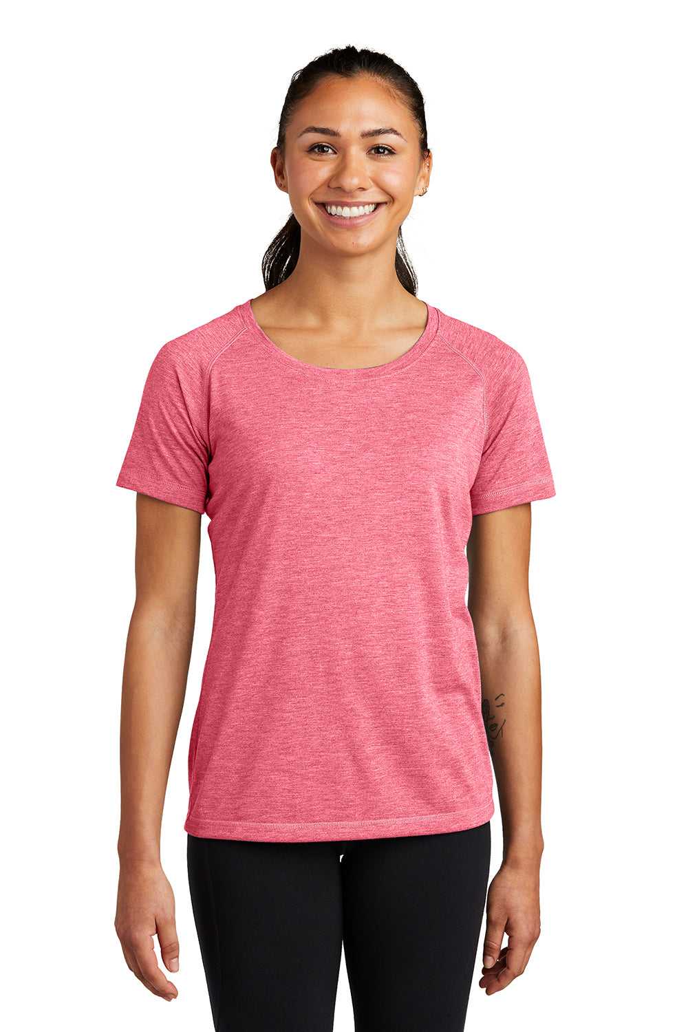 Sport-Tek LST400 Womens Moisture Wicking Short Sleeve Scoop Neck T-Shirt Heather Raspberry Pink Model Front