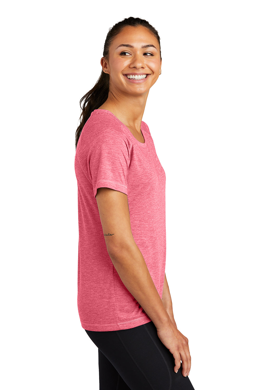 Sport-Tek LST400 Womens Moisture Wicking Short Sleeve Scoop Neck T-Shirt Heather Raspberry Pink Model Side