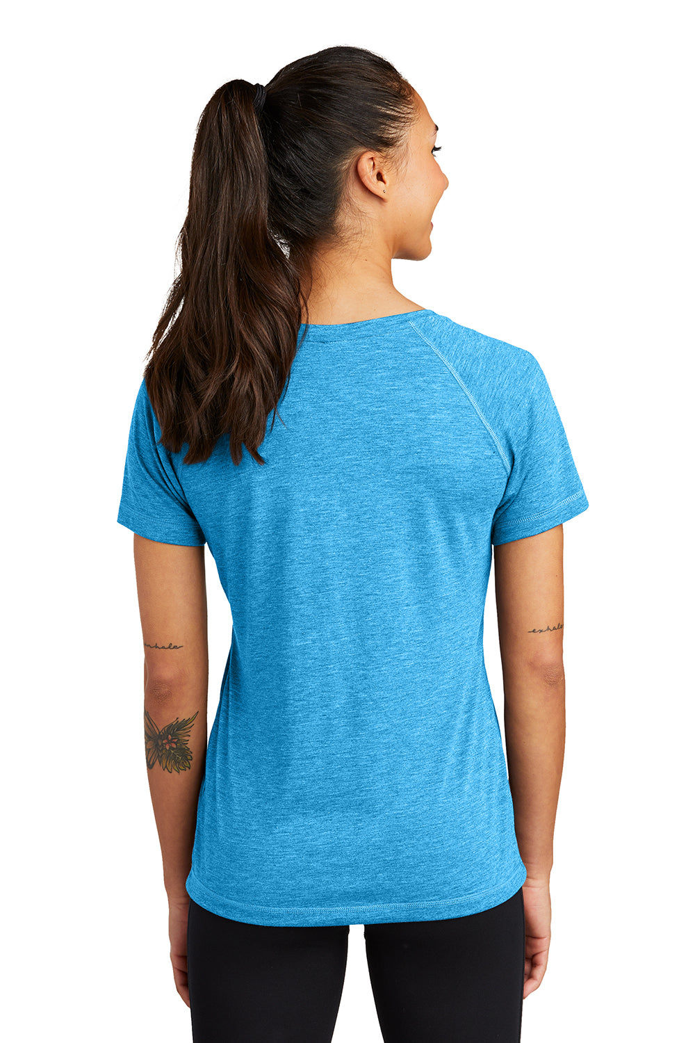 Sport-Tek LST400 Womens Moisture Wicking Short Sleeve Scoop Neck T-Shirt Heather Pond Blue Model Back