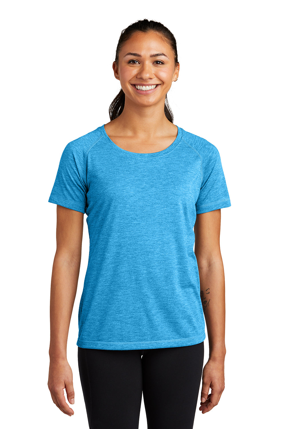 Sport-Tek LST400 Womens Moisture Wicking Short Sleeve Scoop Neck T-Shirt Heather Pond Blue Model Front