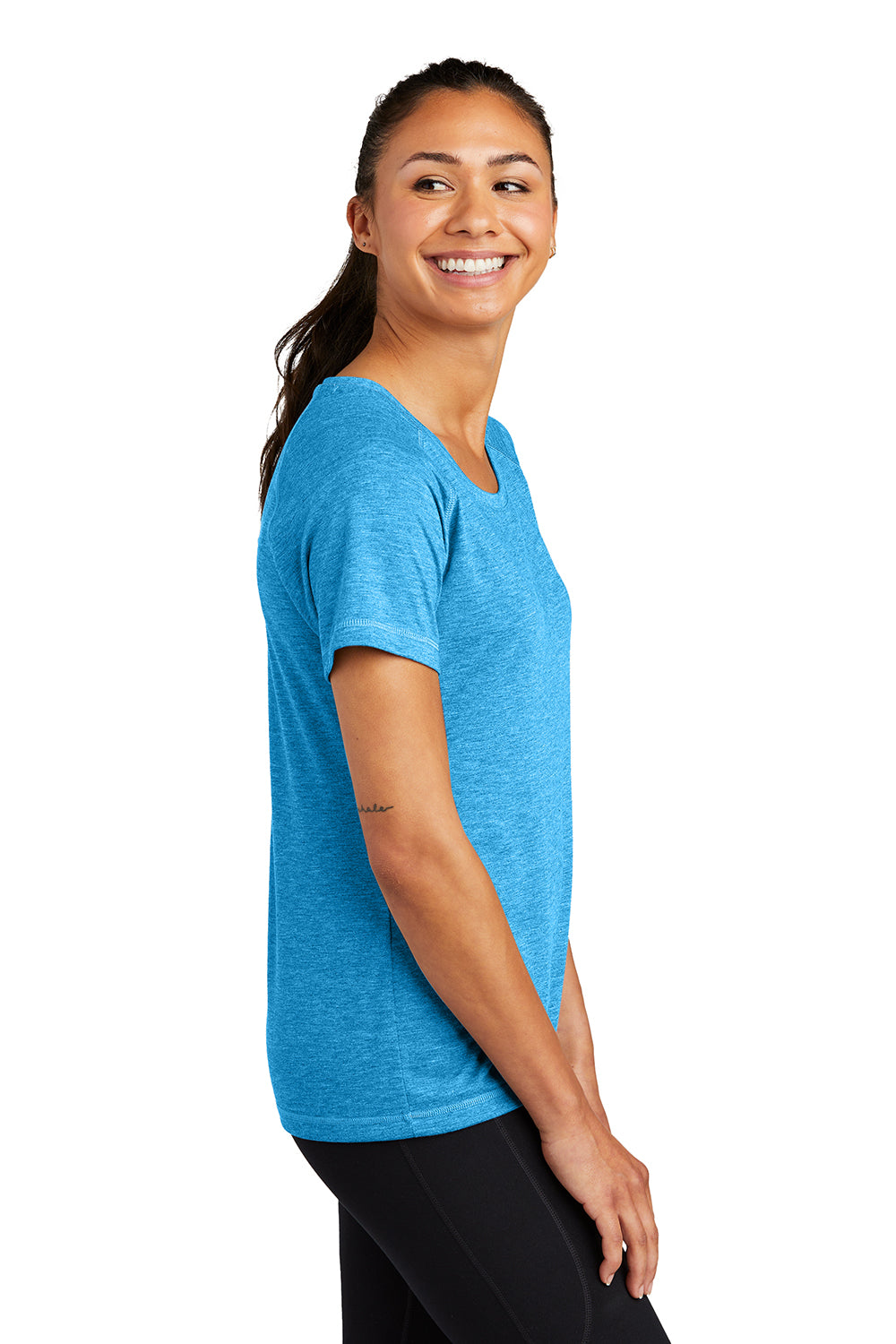 Sport-Tek LST400 Womens Moisture Wicking Short Sleeve Scoop Neck T-Shirt Heather Pond Blue Model Side