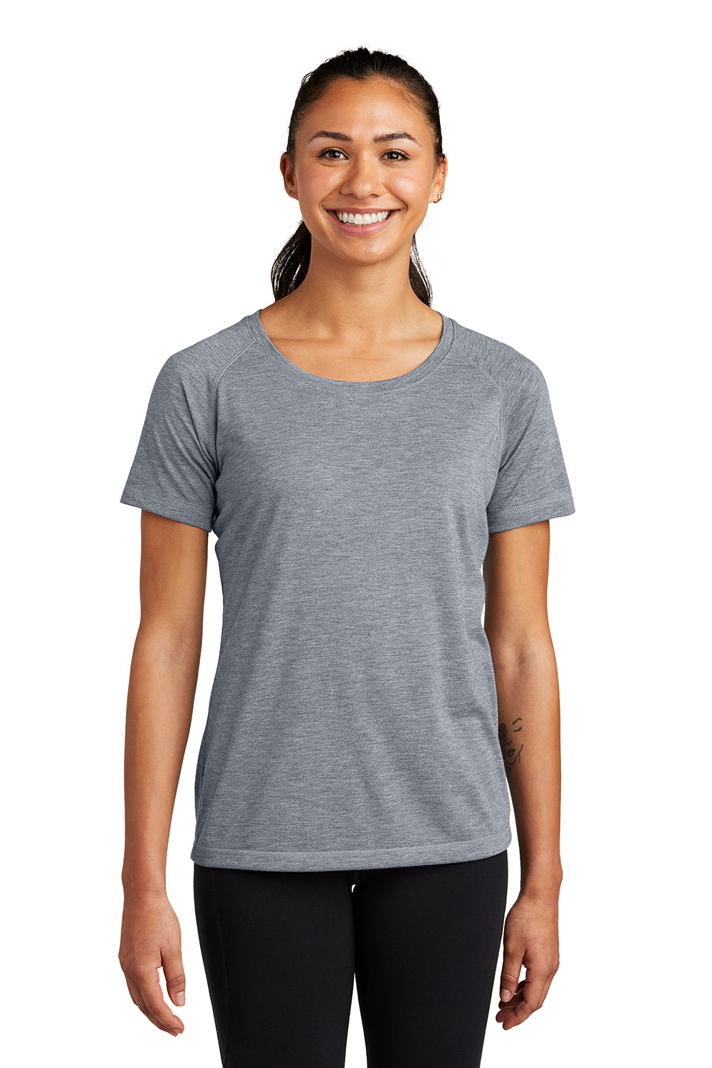 Sport-Tek LST400 Womens Moisture Wicking Short Sleeve Scoop Neck T-Shirt Heather True Navy Blue Model Front