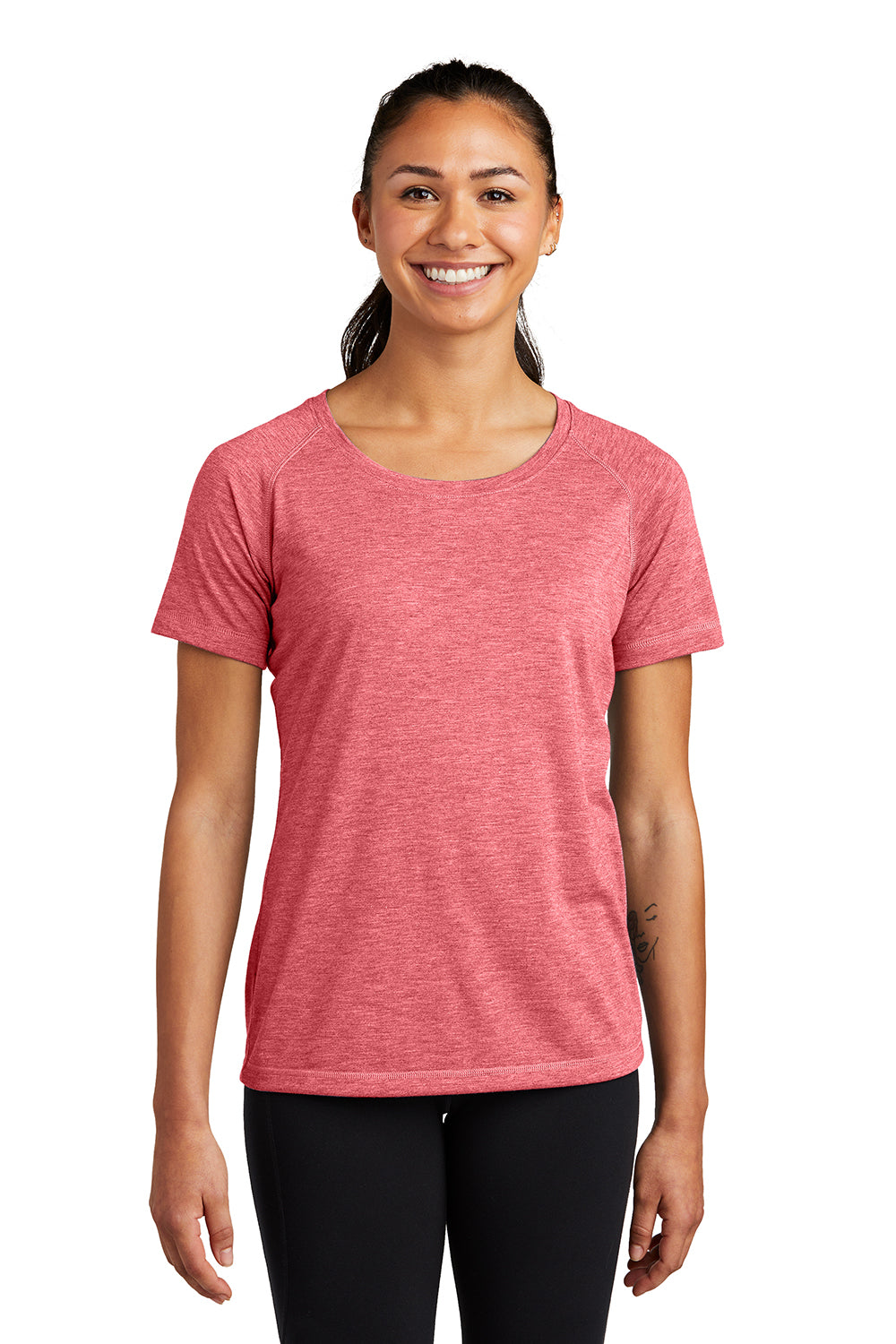 Sport-Tek LST400 Womens Moisture Wicking Short Sleeve Scoop Neck T-Shirt Heather True Red Model Front