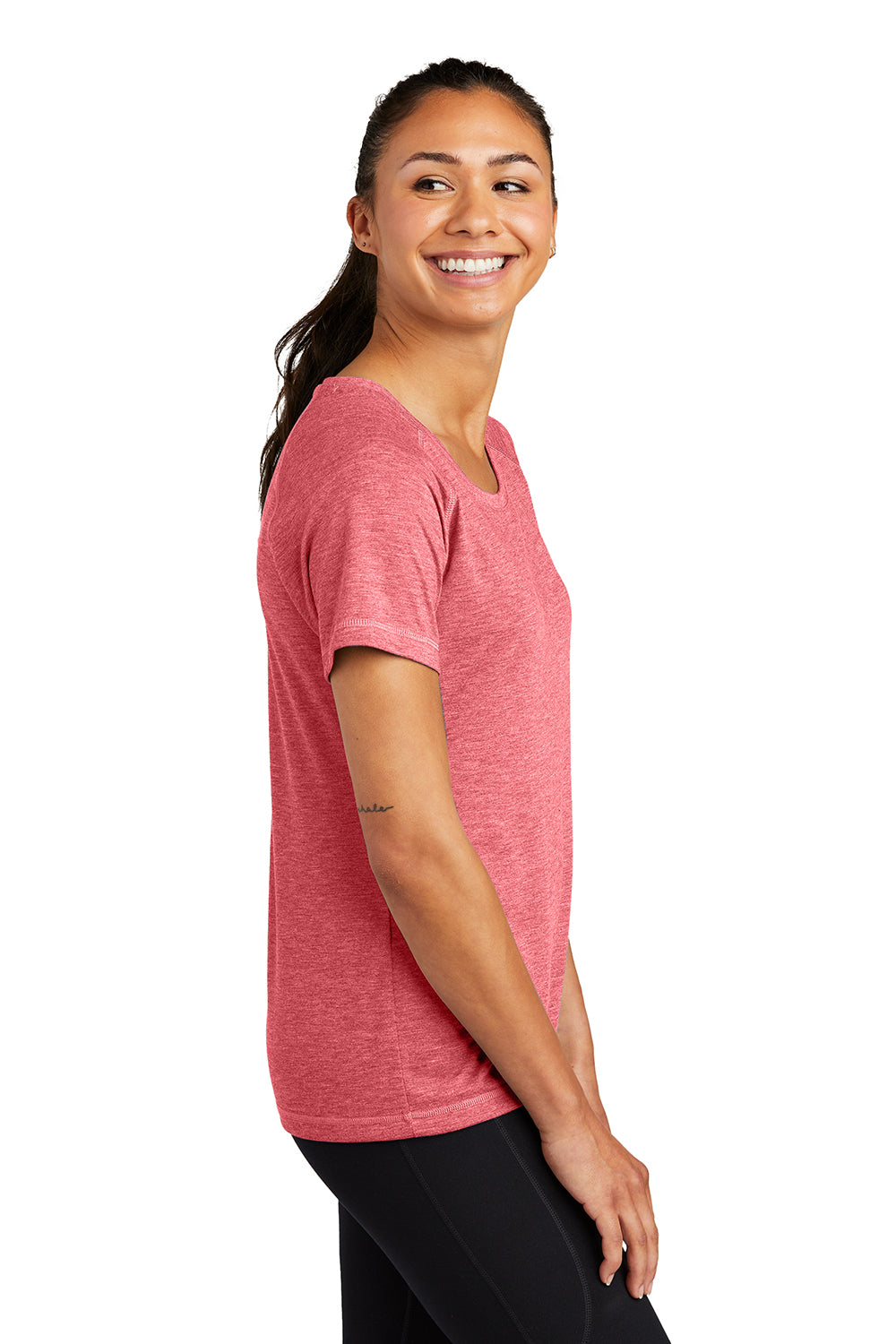 Sport-Tek LST400 Womens Moisture Wicking Short Sleeve Scoop Neck T-Shirt Heather True Red Model Side