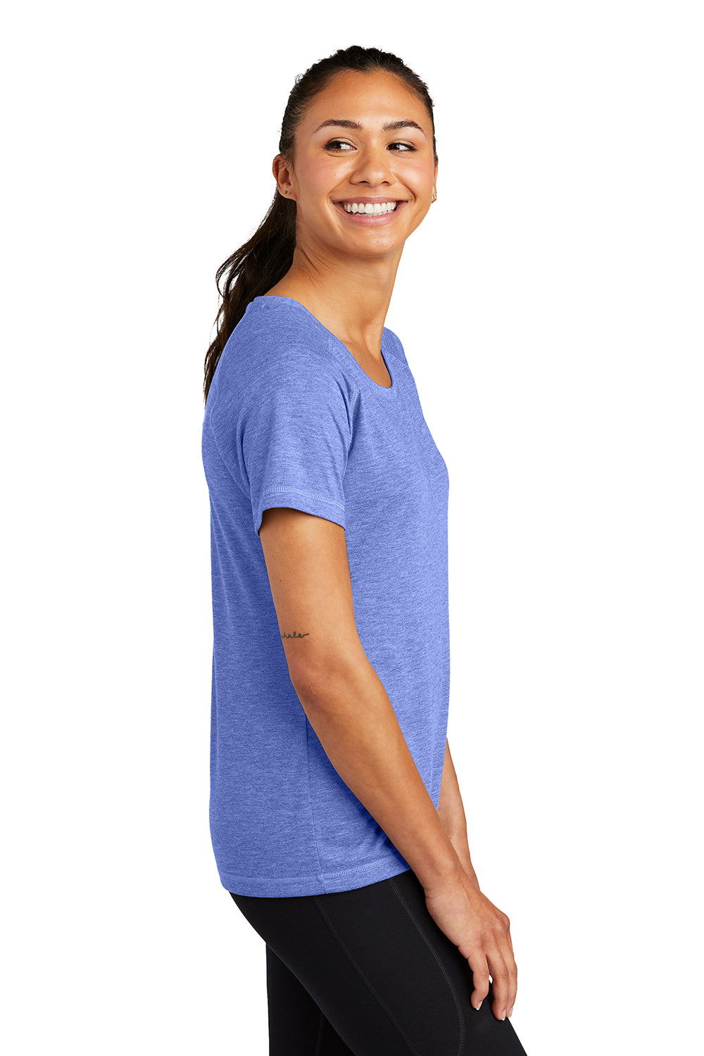 Sport-Tek LST400 Womens Moisture Wicking Short Sleeve Scoop Neck T-Shirt Heather True Royal Blue Model Side