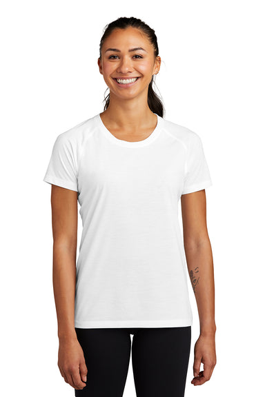 Sport-Tek LST400 Womens Moisture Wicking Short Sleeve Scoop Neck T-Shirt White Model Front