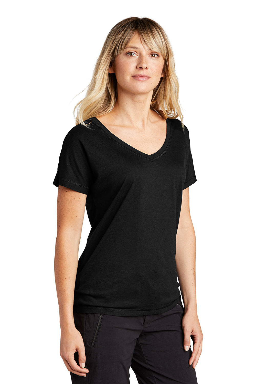 Sport-Tek LST401 Womens Moisture Wicking Short Sleeve V-Neck T-Shirt Black Model 3q