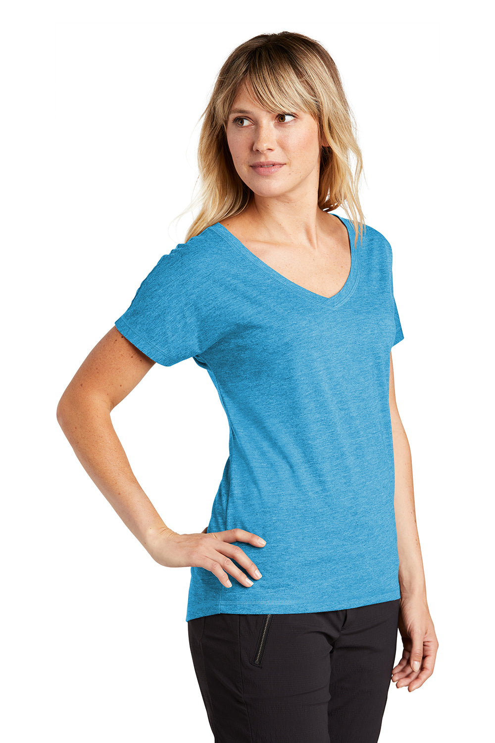 Sport-Tek LST401 Womens Moisture Wicking Short Sleeve V-Neck T-Shirt Heather Pond Blue Model 3q