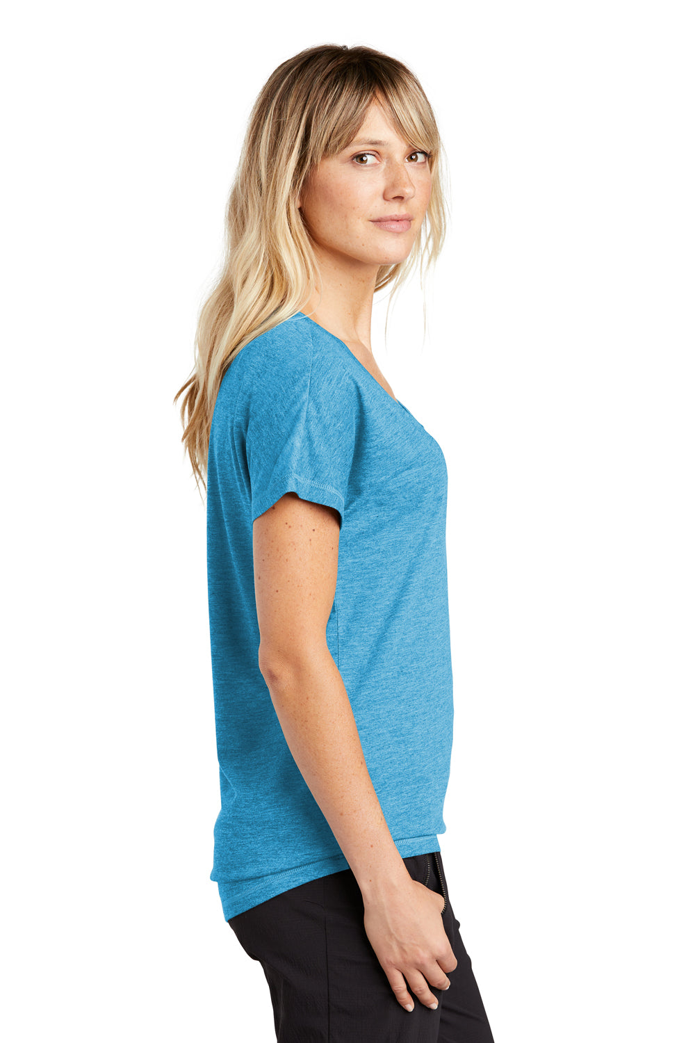 Sport-Tek LST401 Womens Moisture Wicking Short Sleeve V-Neck T-Shirt Heather Pond Blue Model Side