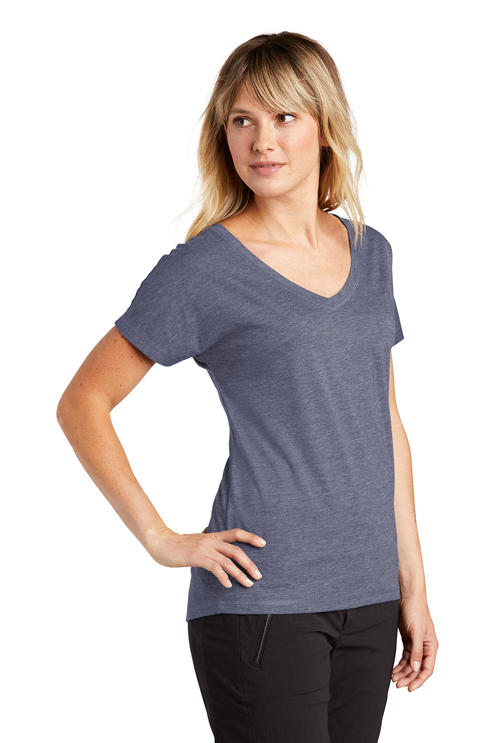 Sport-Tek LST401 Womens Moisture Wicking Short Sleeve V-Neck T-Shirt Heather True Navy Blue Model 3q