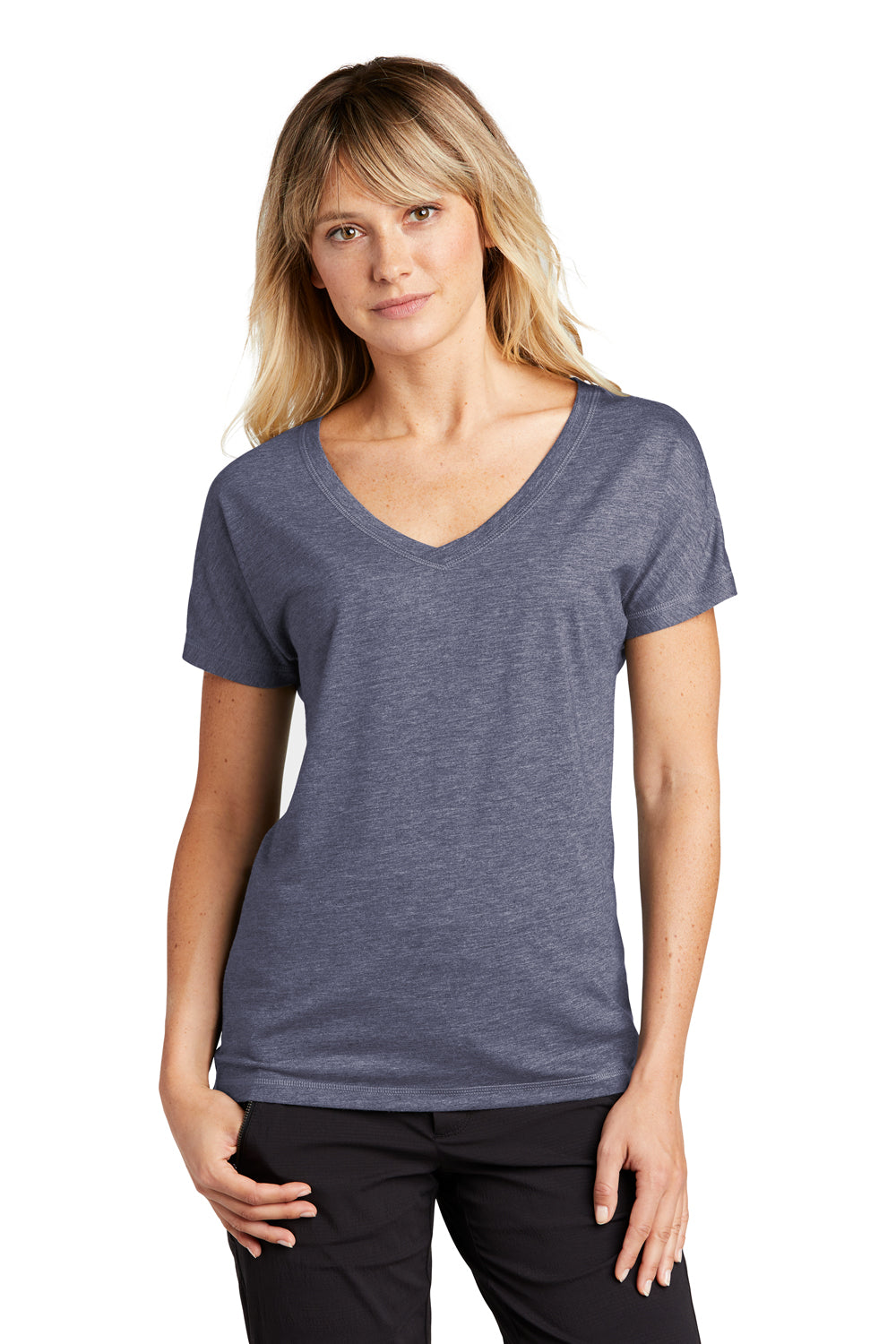 Sport-Tek LST401 Womens Moisture Wicking Short Sleeve V-Neck T-Shirt Heather True Navy Blue Model Front