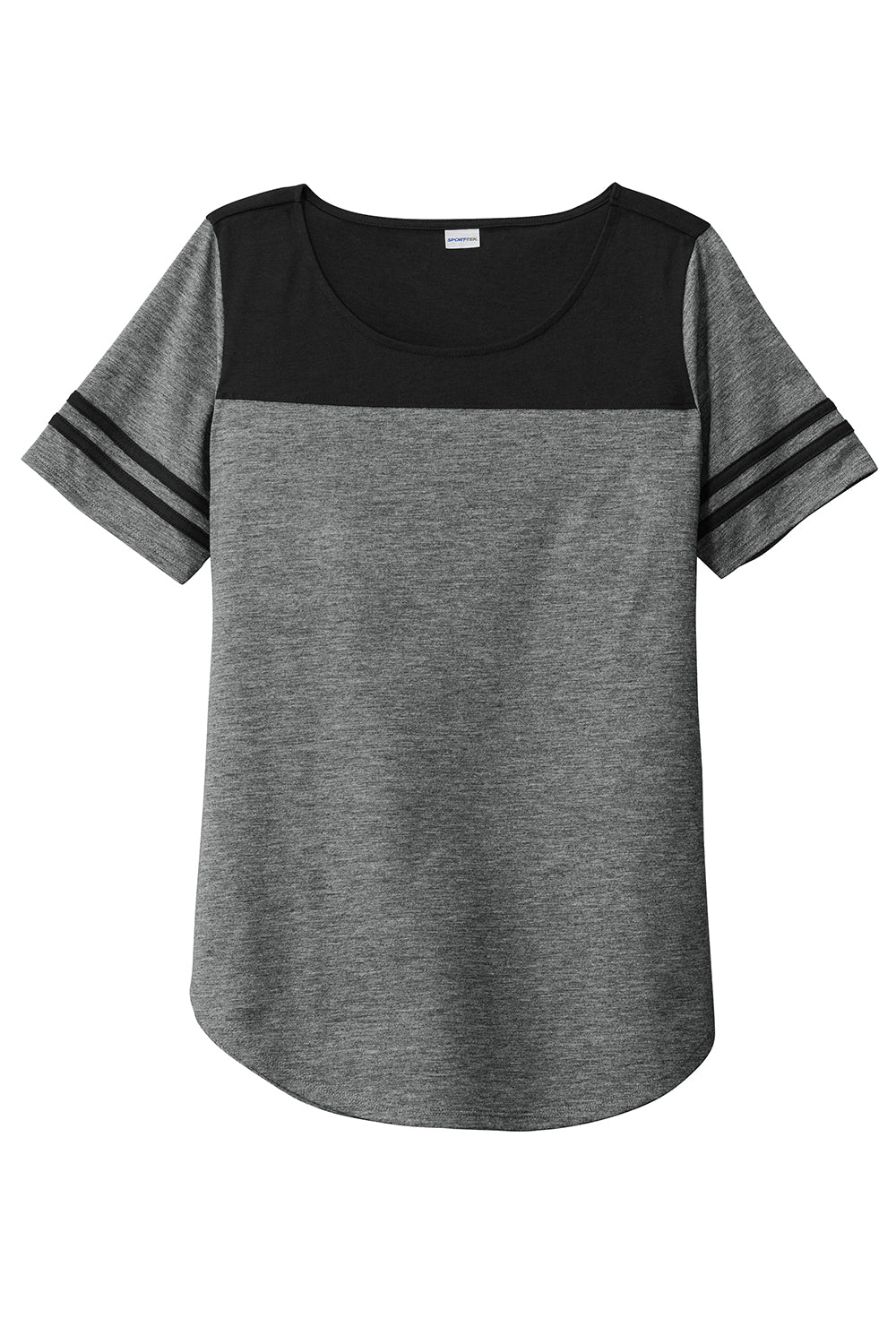 Sport-Tek LST403 Womens Fan Moisture Wicking Short Sleeve Crewneck T-Shirt Heather Dark Grey/Black Flat Front