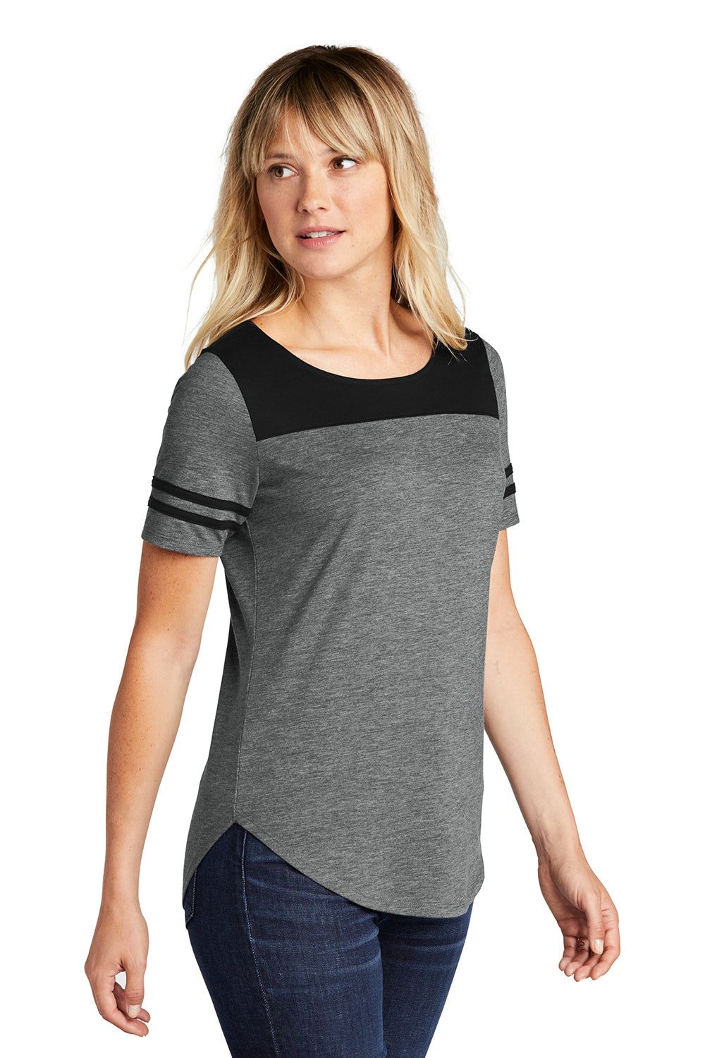 Sport-Tek LST403 Womens Fan Moisture Wicking Short Sleeve Crewneck T-Shirt Heather Dark Grey/Black Model 3q