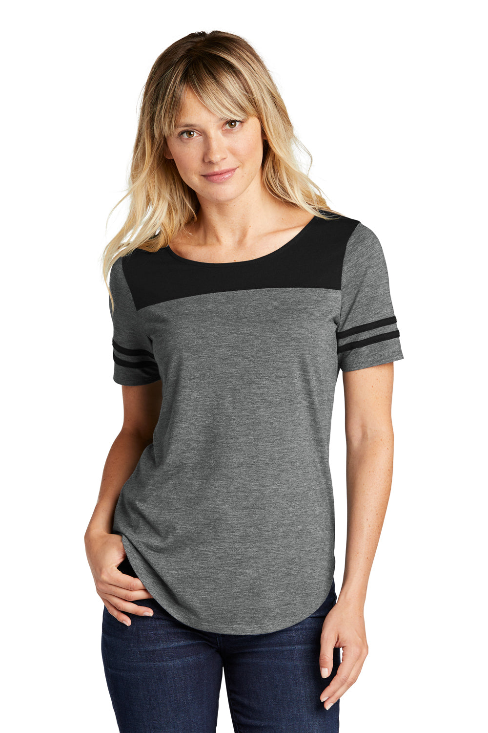 Sport-Tek LST403 Womens Fan Moisture Wicking Short Sleeve Crewneck T-Shirt Heather Dark Grey/Black Model Front