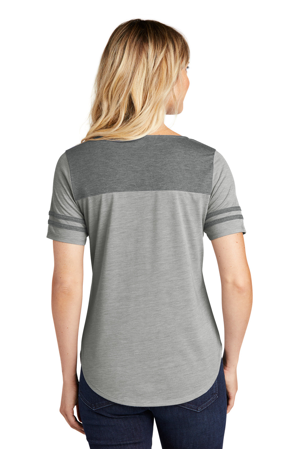 Sport-Tek LST403 Womens Fan Moisture Wicking Short Sleeve Crewneck T-Shirt Heather Light Grey/Heather Dark Grey Model Back