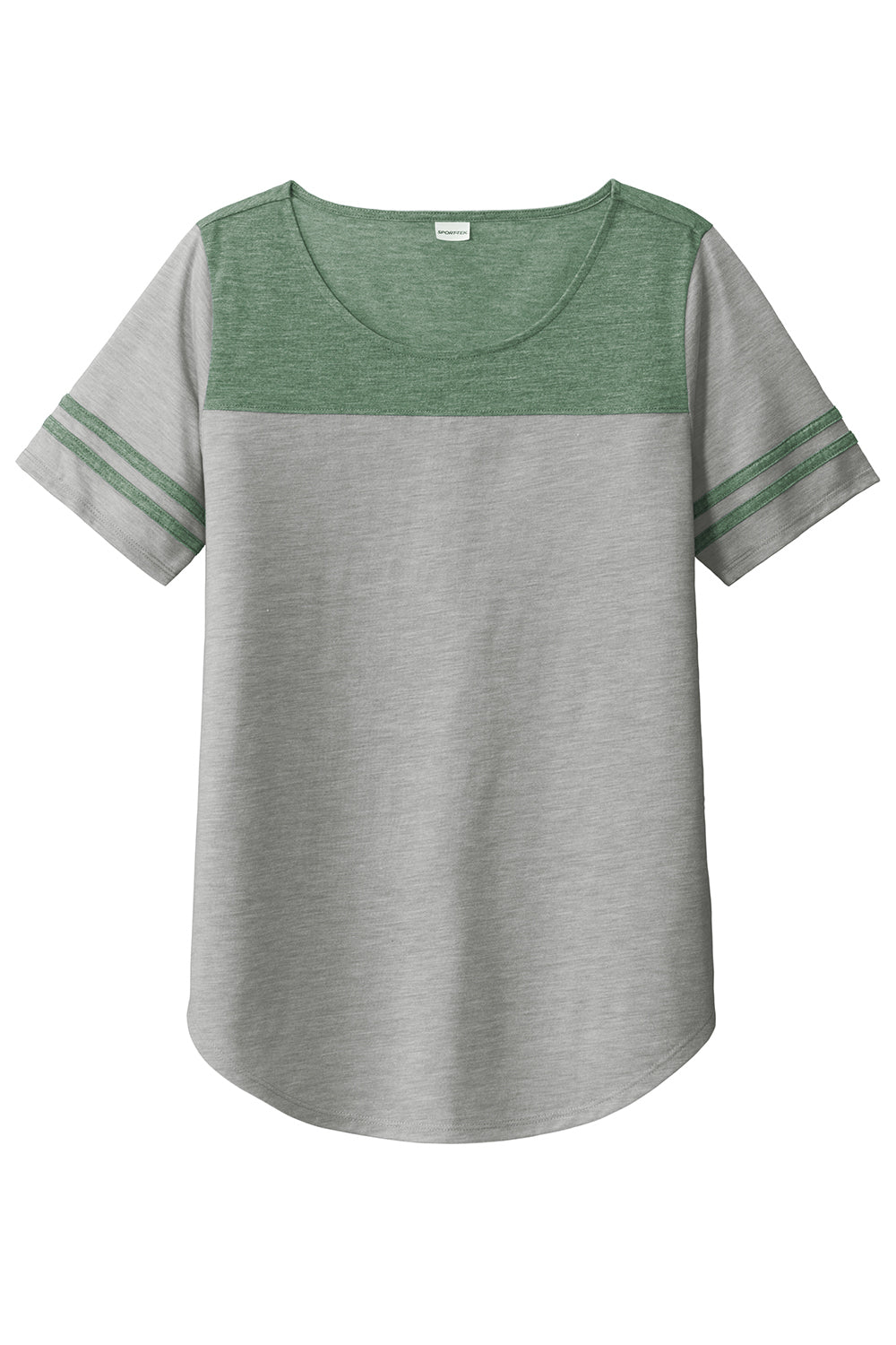 Sport-Tek LST403 Womens Fan Moisture Wicking Short Sleeve Crewneck T-Shirt Heather Light Grey/Heather Forest Green Flat Front