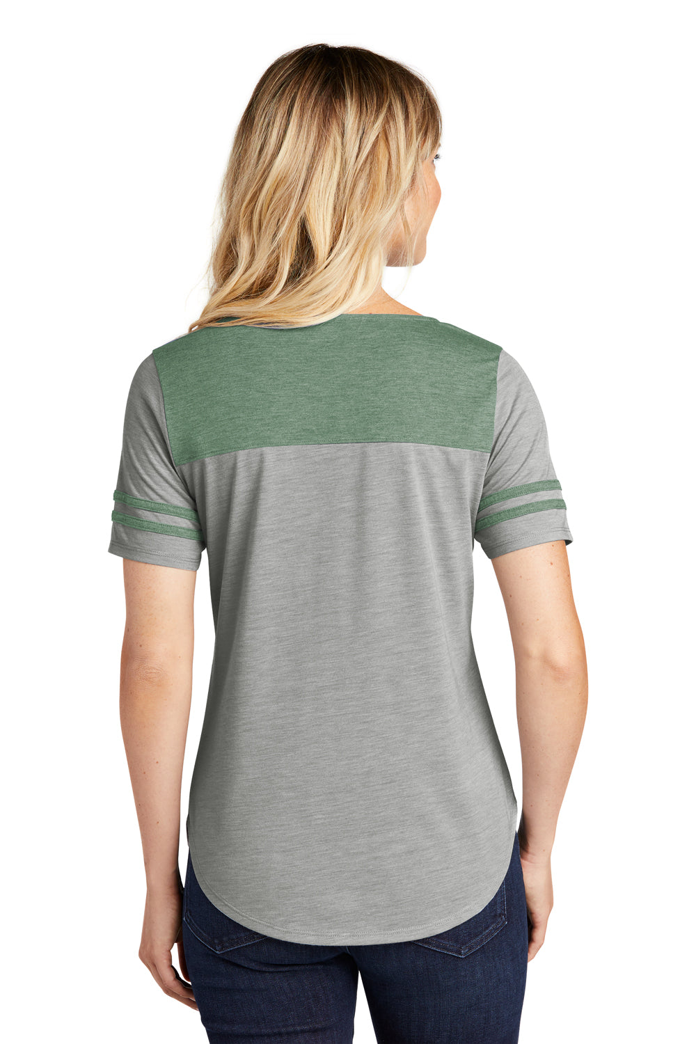 Sport-Tek LST403 Womens Fan Moisture Wicking Short Sleeve Crewneck T-Shirt Heather Light Grey/Heather Forest Green Model Back