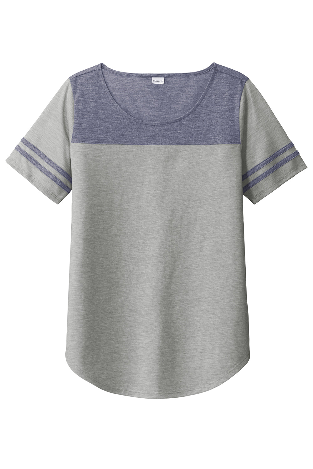 Sport-Tek LST403 Womens Fan Moisture Wicking Short Sleeve Crewneck T-Shirt Heather Light Grey/Heather True Navy Blue Flat Front