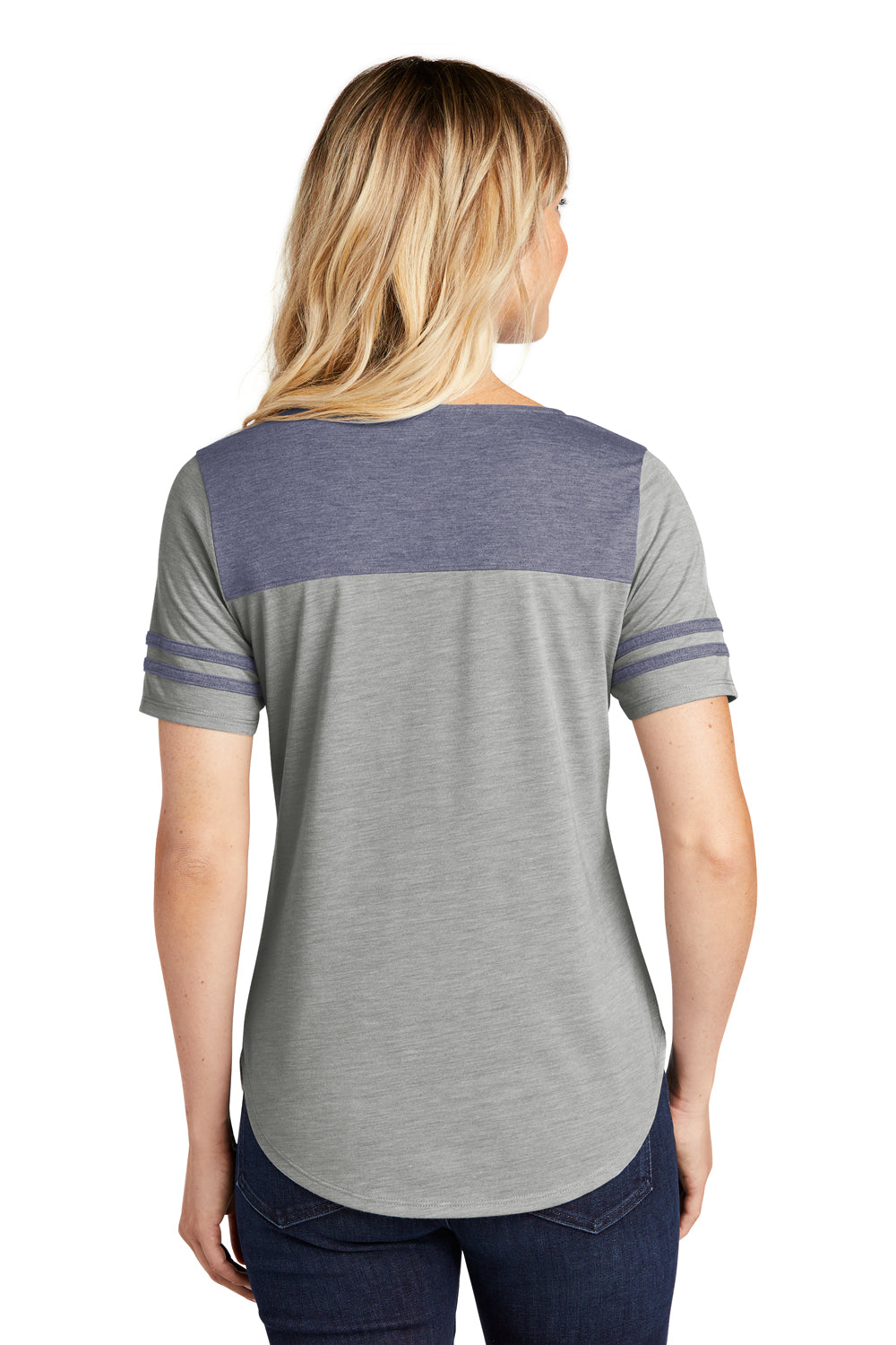 Sport-Tek LST403 Womens Fan Moisture Wicking Short Sleeve Crewneck T-Shirt Heather Light Grey/Heather True Navy Blue Model Back