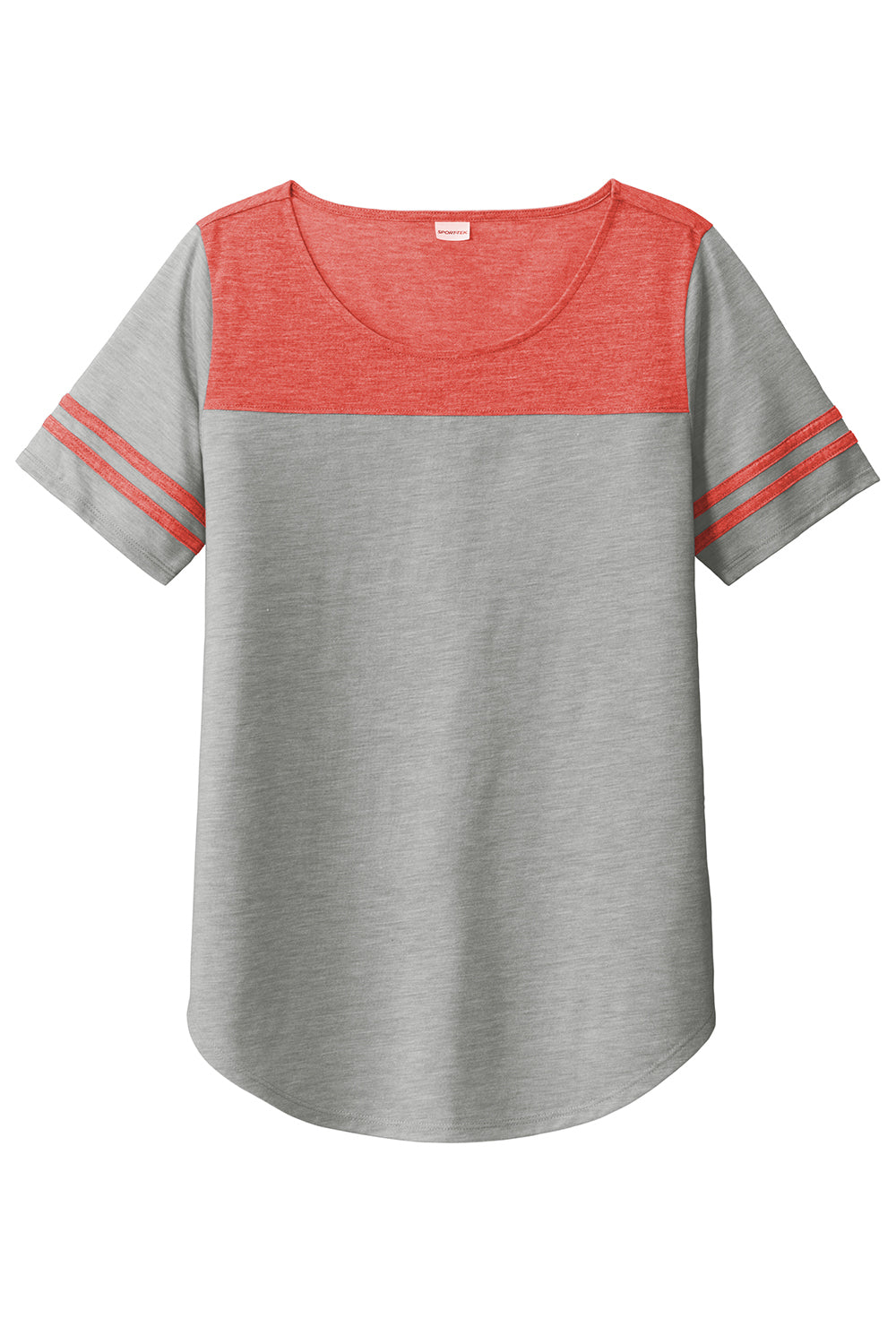 Sport-Tek LST403 Womens Fan Moisture Wicking Short Sleeve Crewneck T-Shirt Heather Light Grey/Heather True Red Flat Front