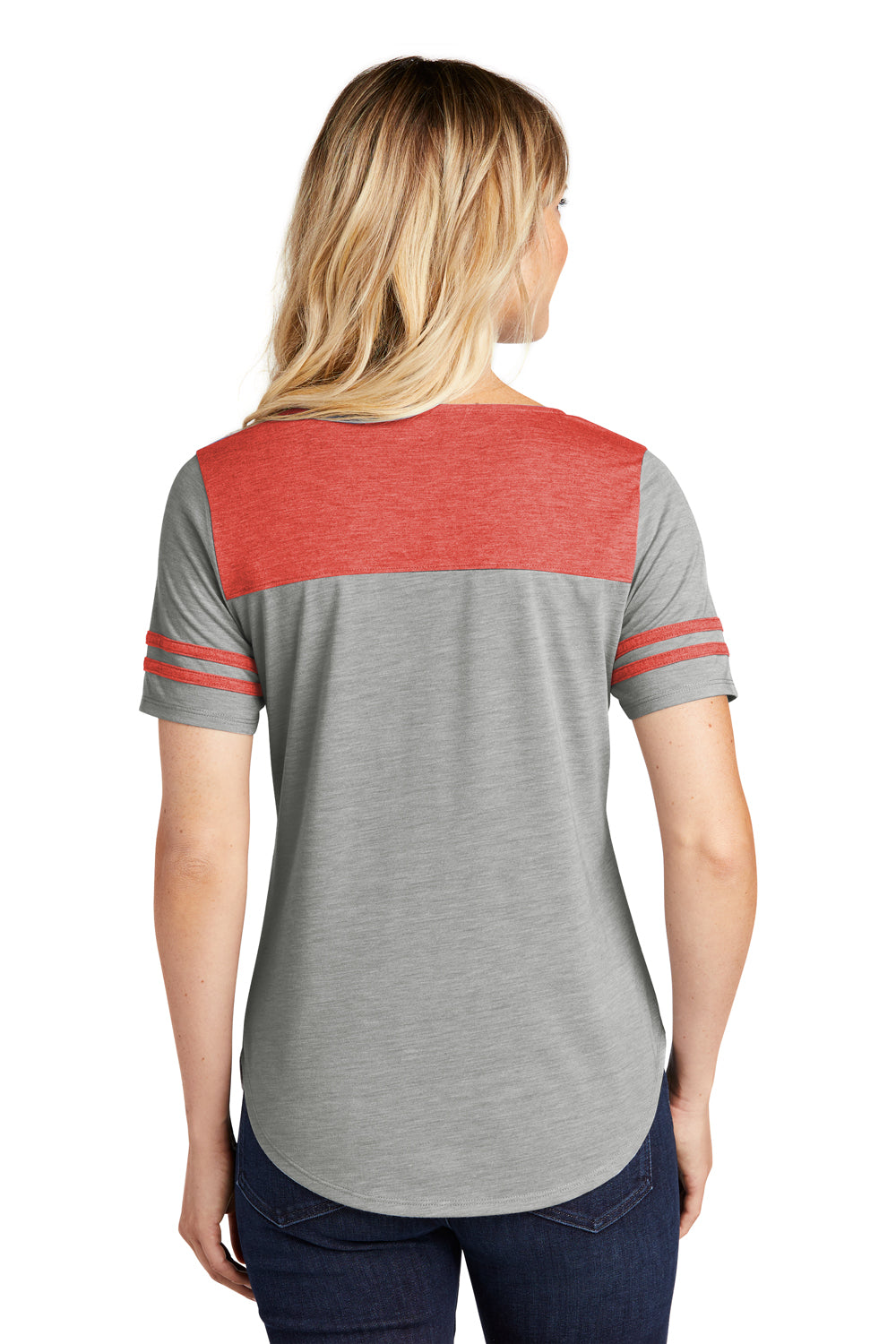 Sport-Tek LST403 Womens Fan Moisture Wicking Short Sleeve Crewneck T-Shirt Heather Light Grey/Heather True Red Model Back