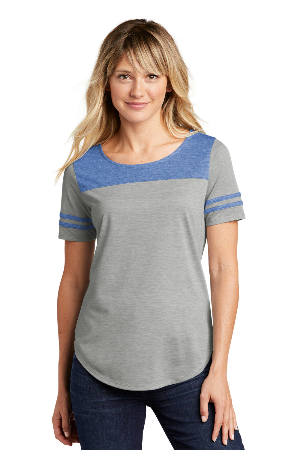 Sport-Tek LST403 Womens Fan Moisture Wicking Short Sleeve Crewneck T-Shirt Heather Light Grey/Heather True Royal Blue Model Front