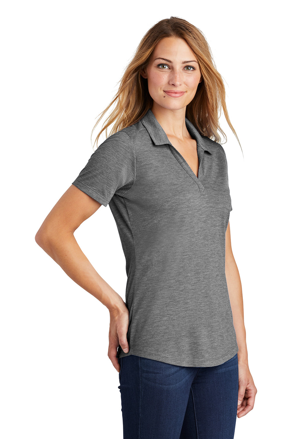 Sport-Tek LST405 Womens Moisture Wicking Short Sleeve Polo Shirt Heather Dark Grey Model 3q