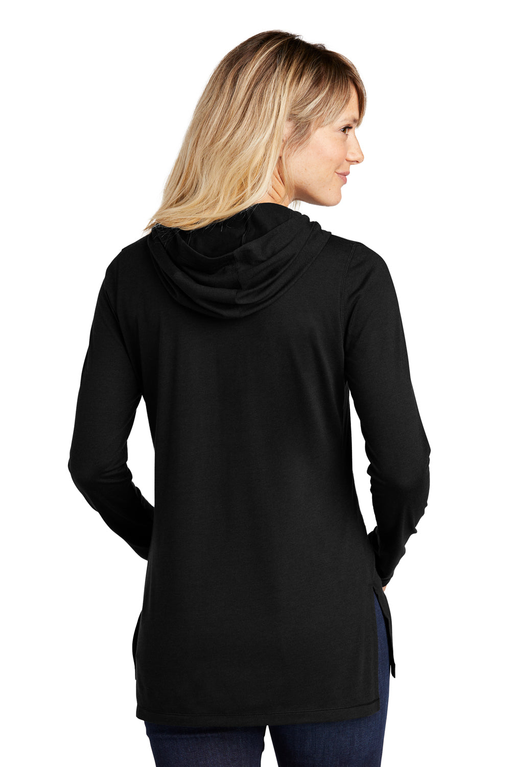 Sport-Tek LST406 Womens Moisture Wicking Cowl Neck Long Sleeve T-Shirt Black Model Back