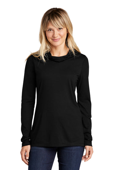 Sport-Tek LST406 Womens Moisture Wicking Cowl Neck Long Sleeve T-Shirt Black Model Front