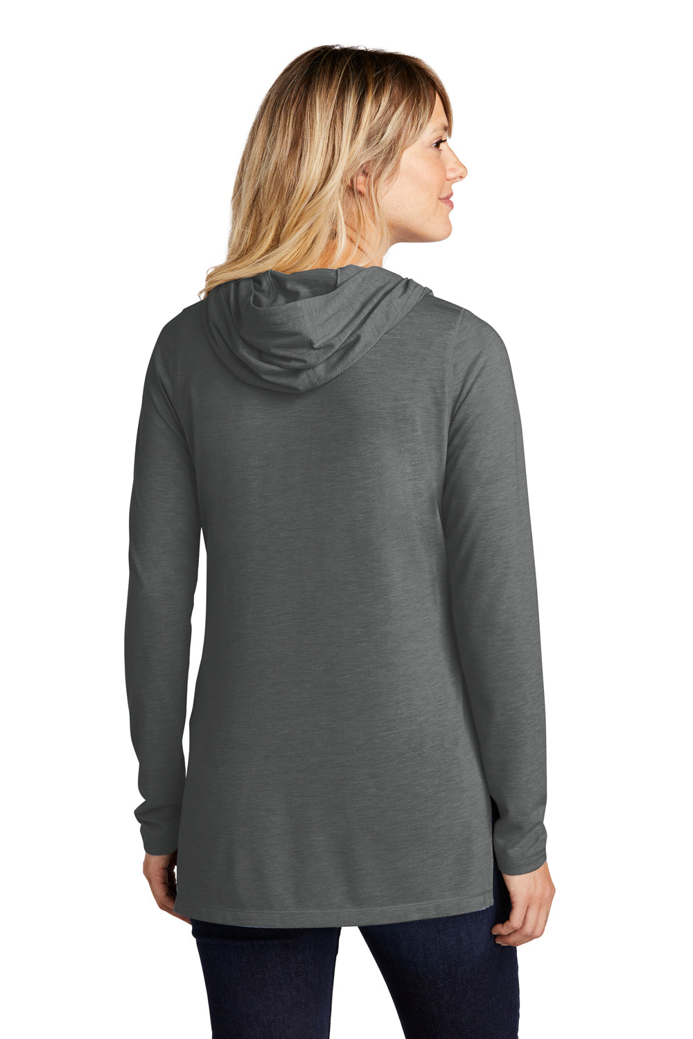 Sport-Tek LST406 Womens Moisture Wicking Cowl Neck Long Sleeve T-Shirt Heather Dark Grey Model Back