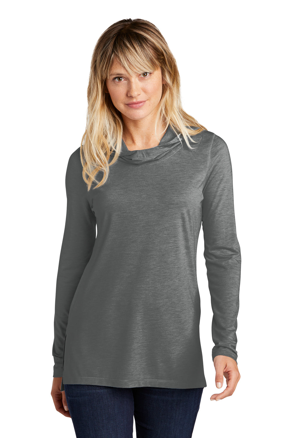 Sport-Tek LST406 Womens Moisture Wicking Cowl Neck Long Sleeve T-Shirt Heather Dark Grey Model Front