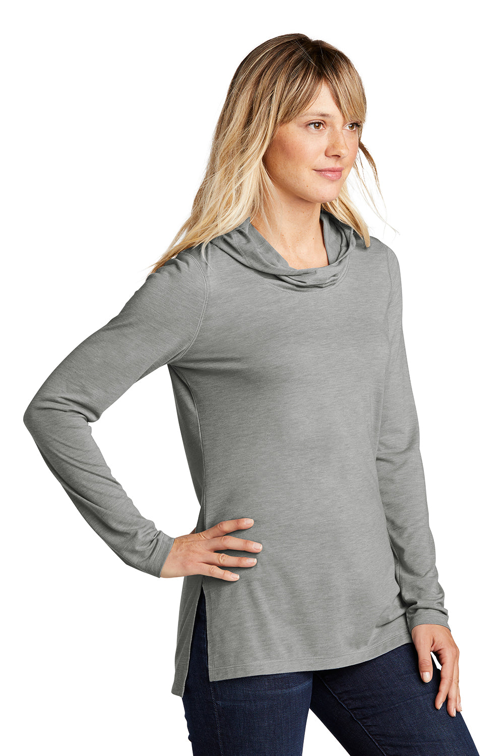 Sport-Tek LST406 Womens Moisture Wicking Cowl Neck Long Sleeve T-Shirt Heather Light Grey Model 3q