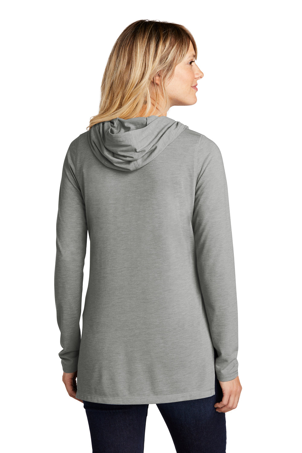 Sport-Tek LST406 Womens Moisture Wicking Cowl Neck Long Sleeve T-Shirt Heather Light Grey Model Back